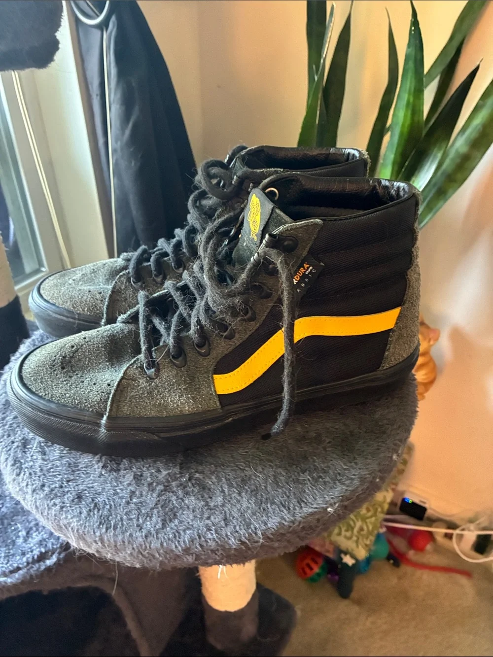 Vans Olive Green and Black High-Top Sneakers with Yellow Logo